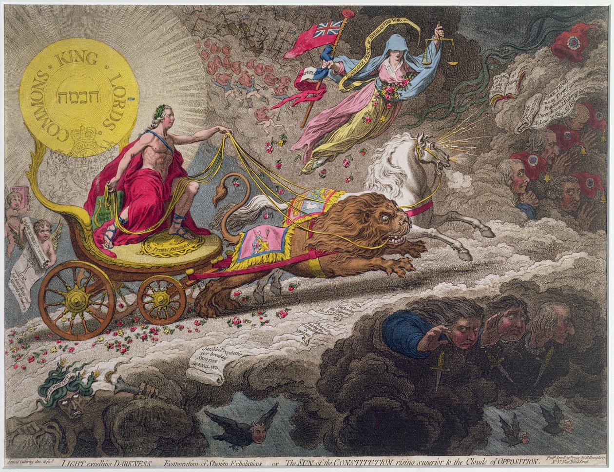 Light Expelling Darkness - Evaporation of Stygian Exhalations, eller The Sun of the Constitution, der stiger over oppositionens skyer, udgivet af Hannah Humphrey i 1795 (ætsning, gravering og te af James Gillray