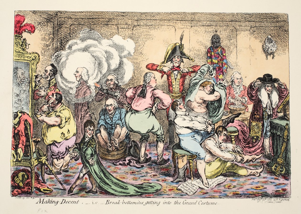 Making Decent, dvs. Broad Bottomites kommer ind i Grand Costume, pub. 1806 (håndfarvet gravering) af James Gillray
