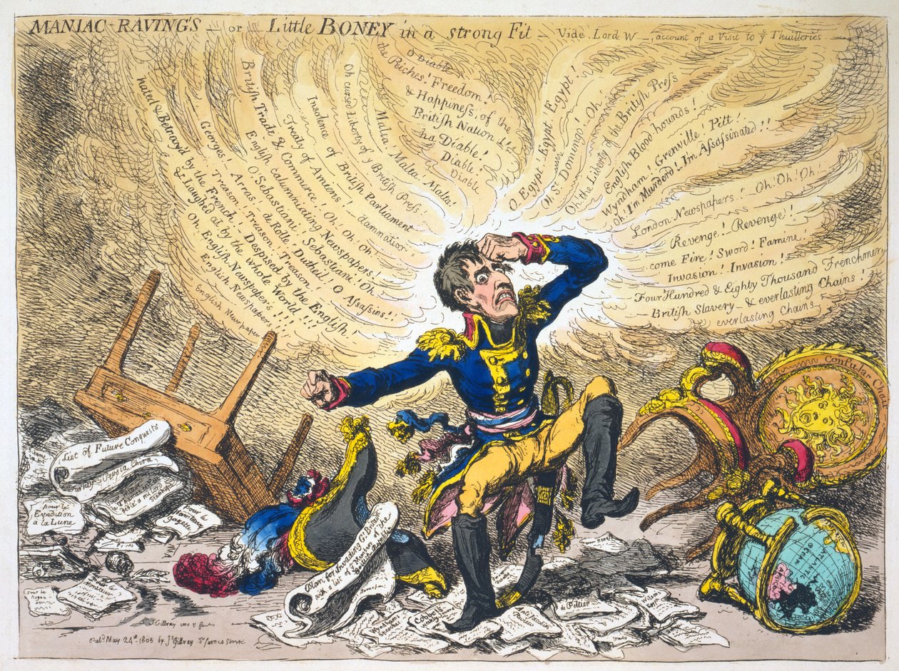 Maniac Ravings, eller Little Boney in a Strong Fit, pub.1803 (håndfarvet gravering) af James Gillray