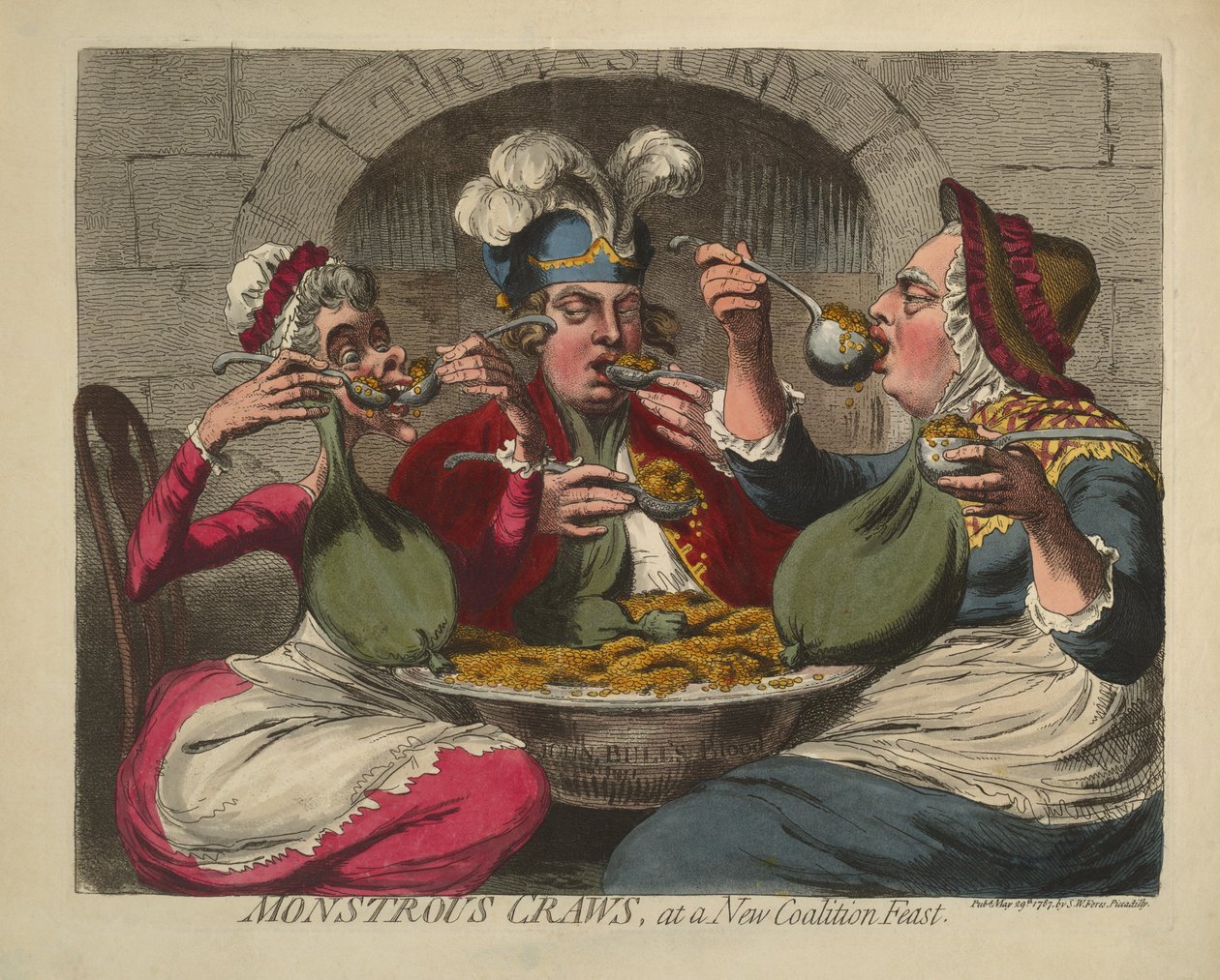 Monstrøse krabber, ved en fest i New Coaltion, pub. 1787 (håndkoloreret gravering) af James Gillray