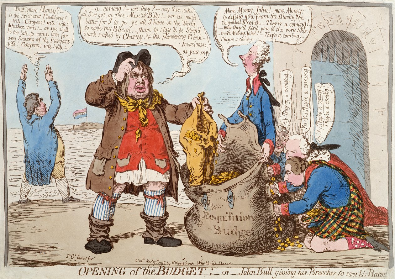 Åbning af budgettet eller John Bull giver sine ridebukser for at redde sit bacon, udgivet 17. november 1796 af James Gillray