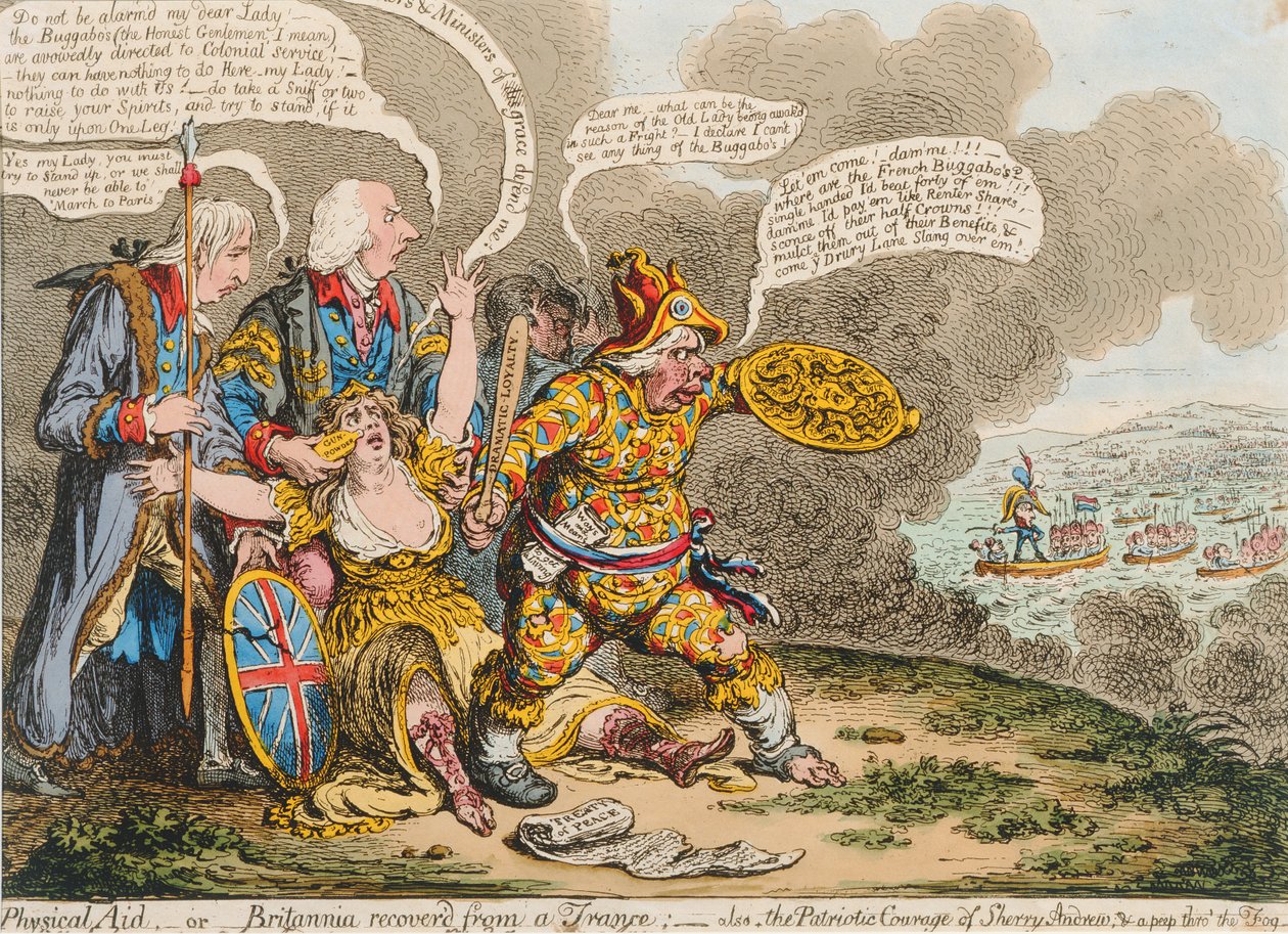 Physical Aid, eller Britannia kommet sig fra en trance: også, The Patriotic Courage of Sherry Andrews und a Peep into the Fog, udgivet af Hannah Humphrey i 1803 (håndfarvet radering) af James Gillray
