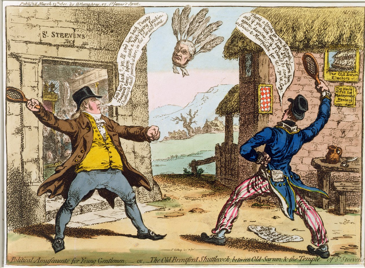 Politiske forlystelser for unge herrer, eller The Old Brentford Shuttlecock, between Old Sarum og Temple of St. Steevens, udgivet af Hannah Humphrey i 1801 (håndfarvet radering) af James Gillray