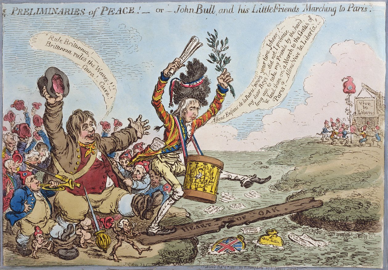 Preliminaries of Peace, eller John Bull and his Little Friends Marching to Paris, udgivet af Hannah Humphrey i 1801 (håndfarvet radering) af James Gillray