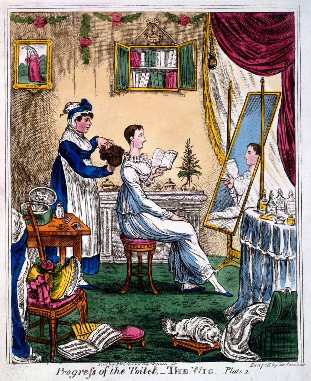 Progress of the Toilet - The Wig, tidlig C19th (håndfarvet gravering) af James Gillray