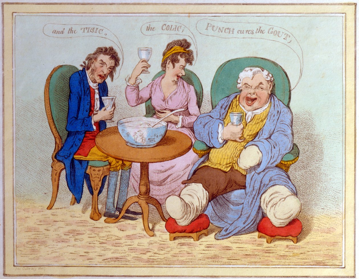 Punch Cures the Gout, Colic, and the Tisic (farvet radering) af James Gillray