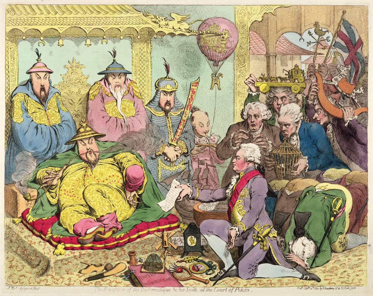 Modtagelse af Diplomatique og hans Suite ved hoffet i Pekin, ca. 1793 (farveætsning) af James Gillray