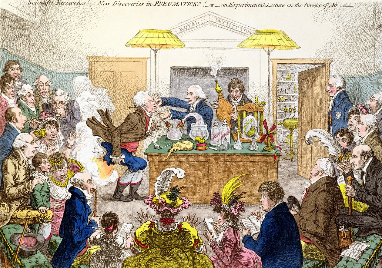 Videnskabelige undersøgelser! Nye opdagelser i PNEUMATICKS! eller En eksperimentel forelæsning om luftens kræfter, tegneserie af et foredrag på Royal Institution, der demonstrerer virkningerne af lattergas (nitro af James Gillray