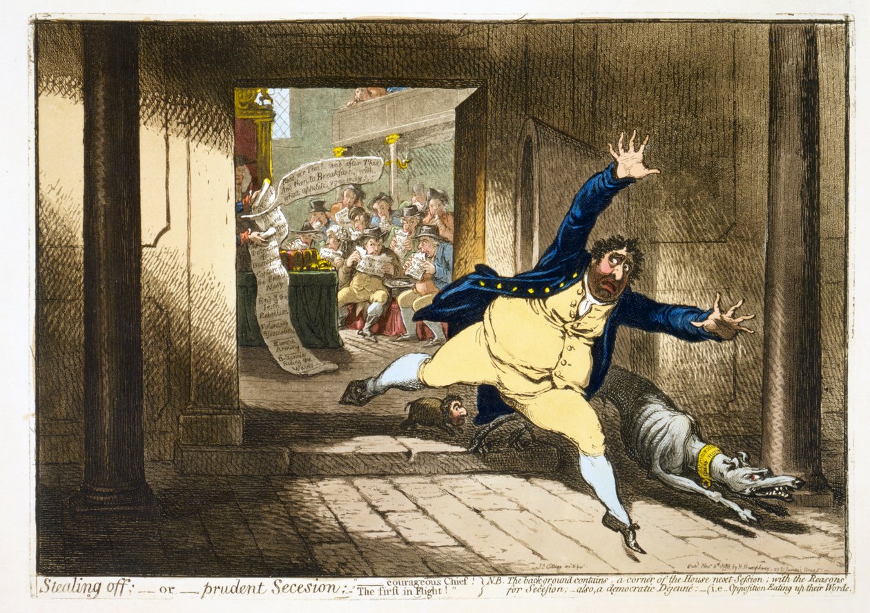 Stealing off; - eller - forsigtig Secession, pub. 1798 (håndkoloreret gravering) af James Gillray
