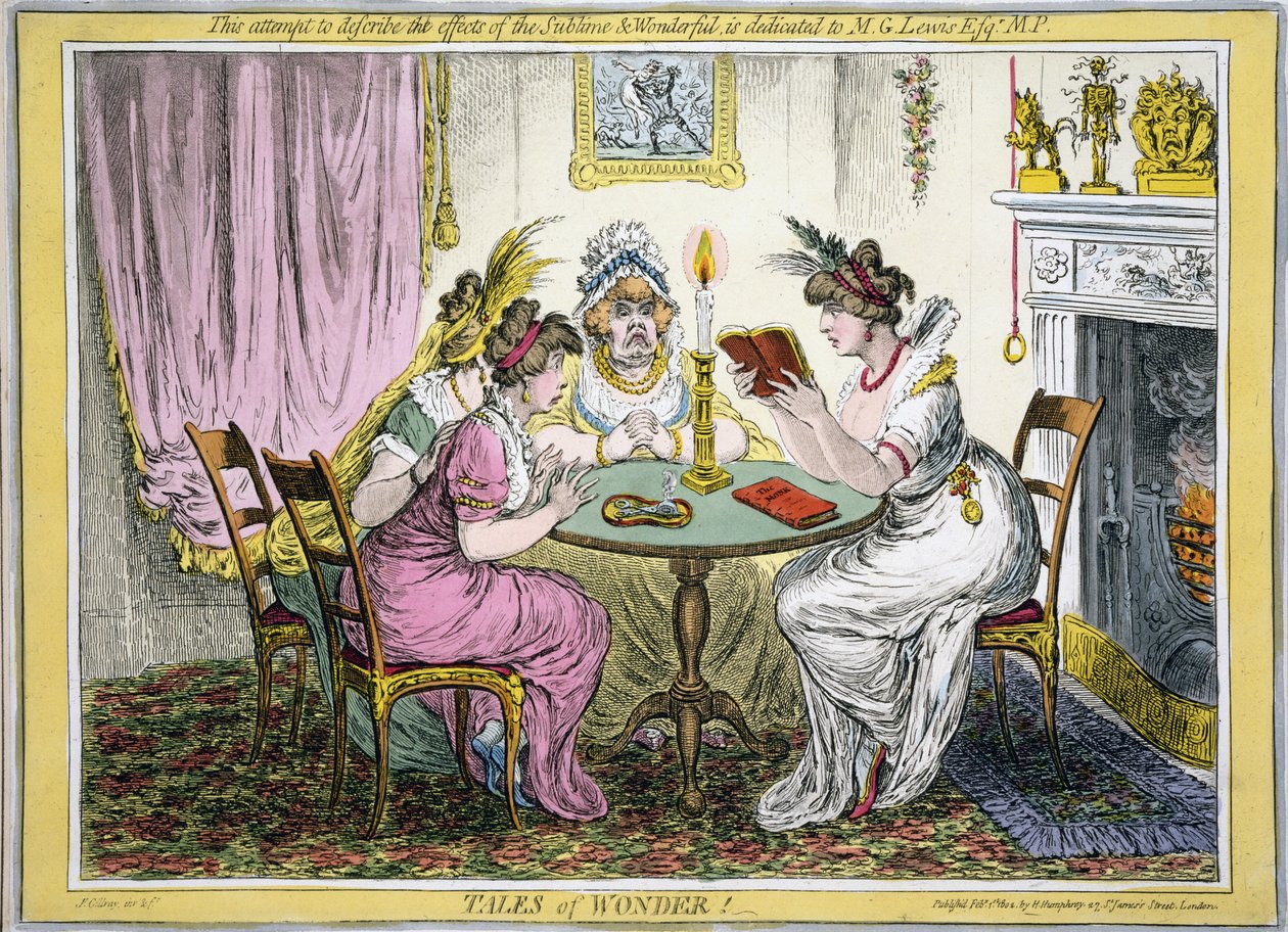 Fortællinger om vidundere! Dette forsøg på at beskrive virkningerne af Sublime and Wonderful er dedikeret til MG Lewis Esq MP, pub. H Humprey, London, 1802 (håndfarvet gravering) af James Gillray