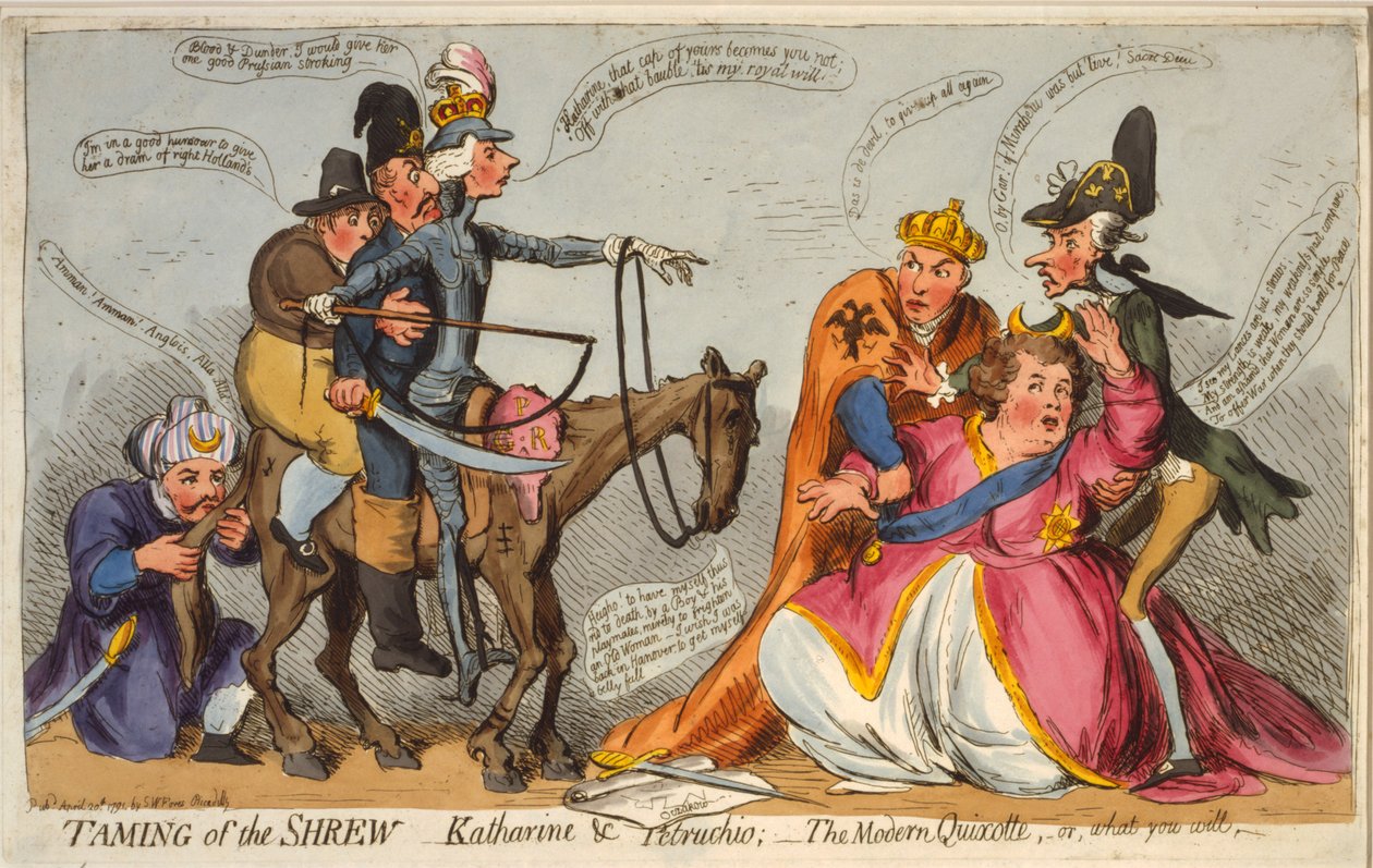 Taming of the Shrew, Katharine og Petruchio, The Modern Quixotte eller hvad du vil, 1791 (håndfarvet radering) af James Gillray
