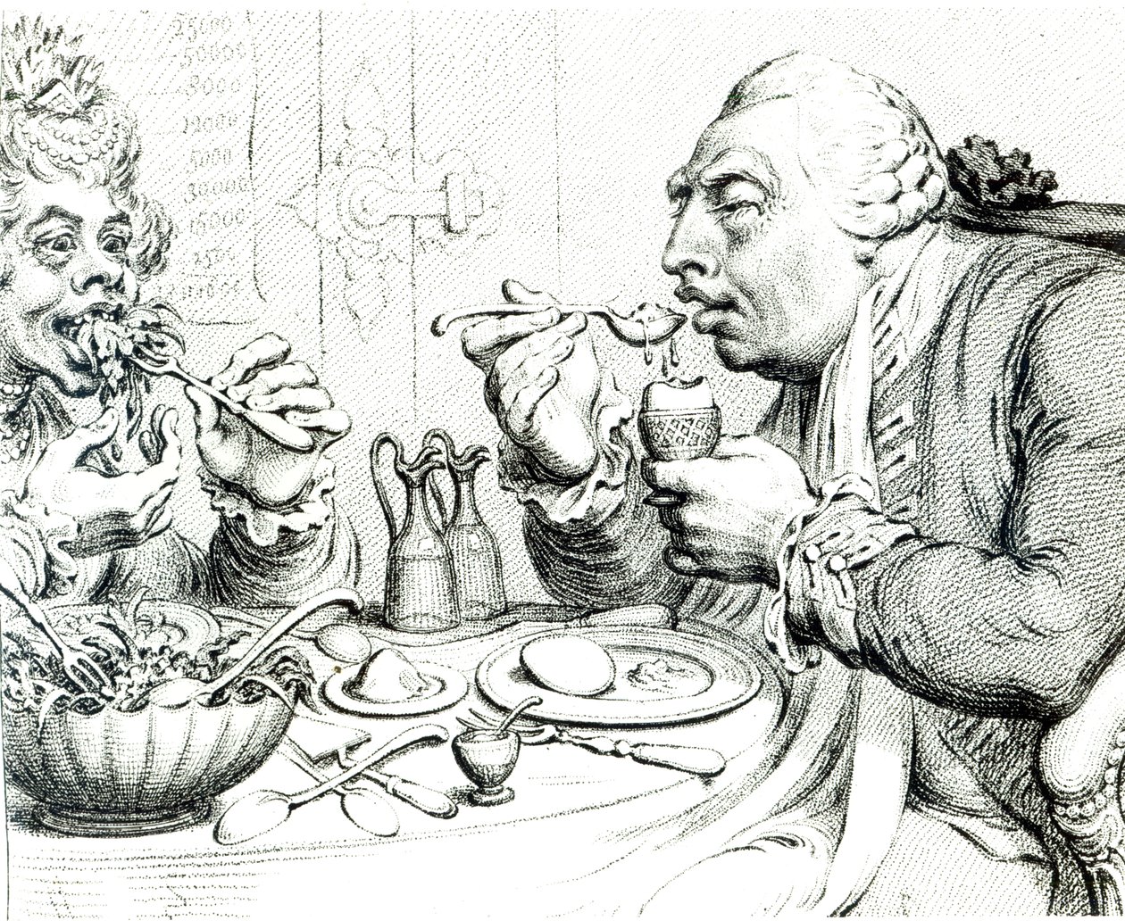 Temperance, der nyder et sparsomt måltid, karikatur af George III og Dronning Charlotte (bw print) af James Gillray