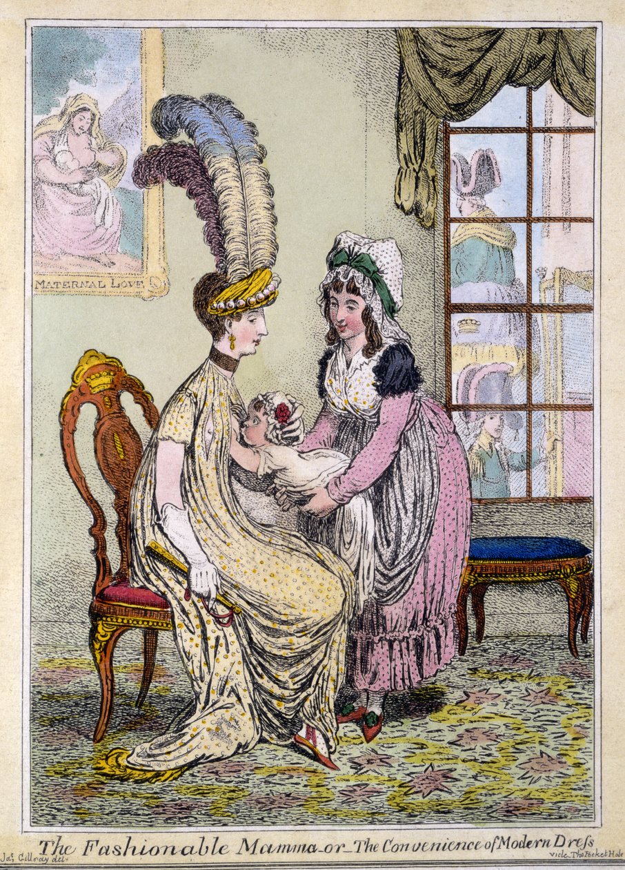 The Fashionable Mamma, or The Convenience of Modern Dress, pub. London i 1796 (håndkoloreret stik) af James Gillray