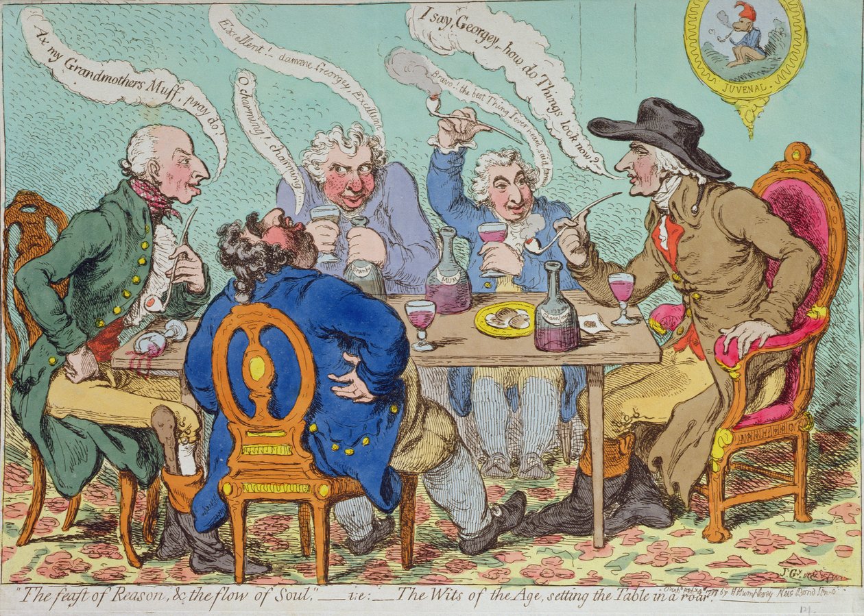 The Feast of Reason, und the Flow of the Soul - dvs. Tidens forstand, der dækker bordet i et brøl, udgivet af Hannah Humphrey i 1797 (håndkoloreret radering) af James Gillray