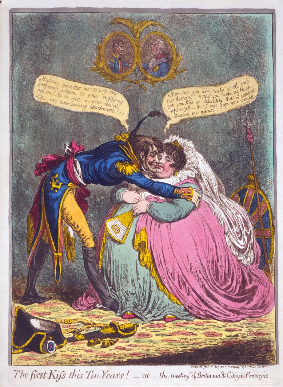 Det første kys i ti år! Eller mødet med Britannia und Citizen Francois, pub. 1803 (håndfarvet gravering) af James Gillray
