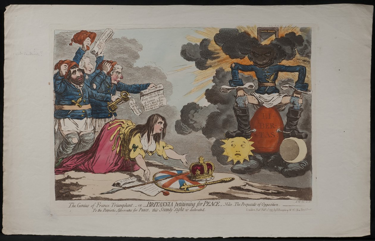 Genius of France Triumphant - or - Britannia petitioning for Peace, Vide. Oppositionens forslag, 1795 af James Gillray