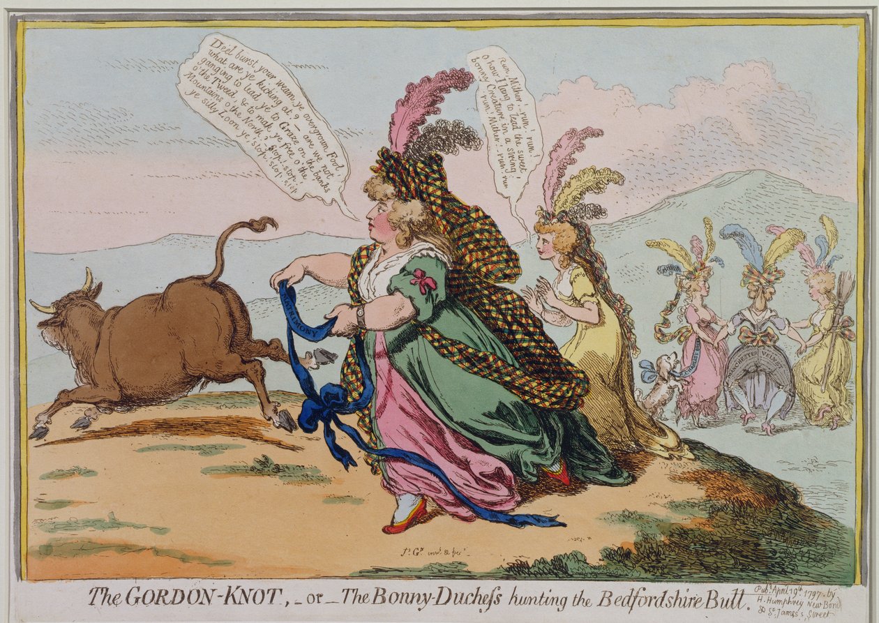 The Gordon-Knot, eller The Bonny Duchess, der jager Bedford Bull, udgivet af Hannah Humphrey i 1797 (håndfarvet radering) af James Gillray