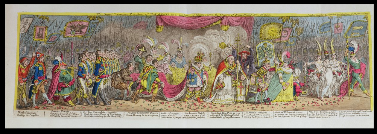 Den store kroningsprocession af Napoleon, den 1. kejser af Frankrig, fra Notre-Dame-kirken, 2. december 1804, udgivet 1805 (radering, gravering og akvatinte) af James Gillray