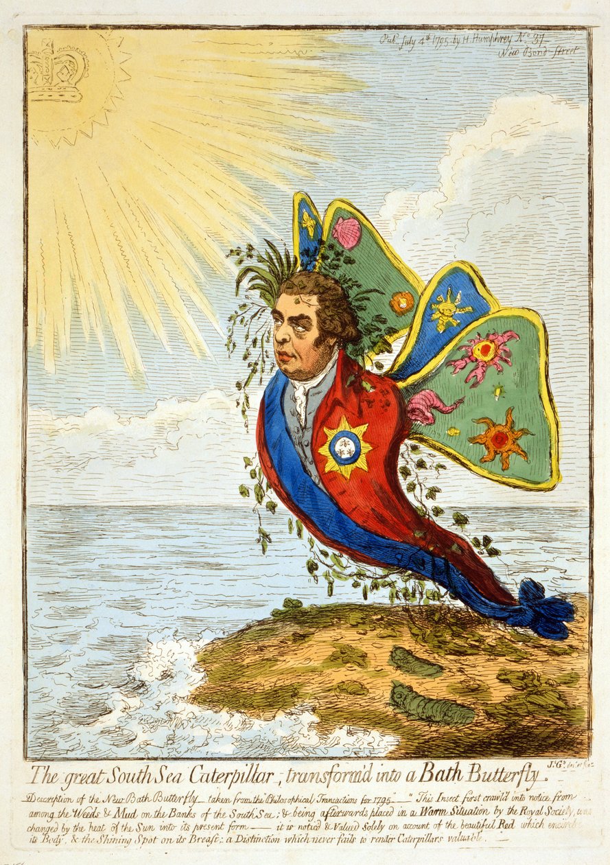 The Great South Sea Caterpillar, omdannet til en badesommerfugl, 1795 (håndfarvet gravering) af James Gillray
