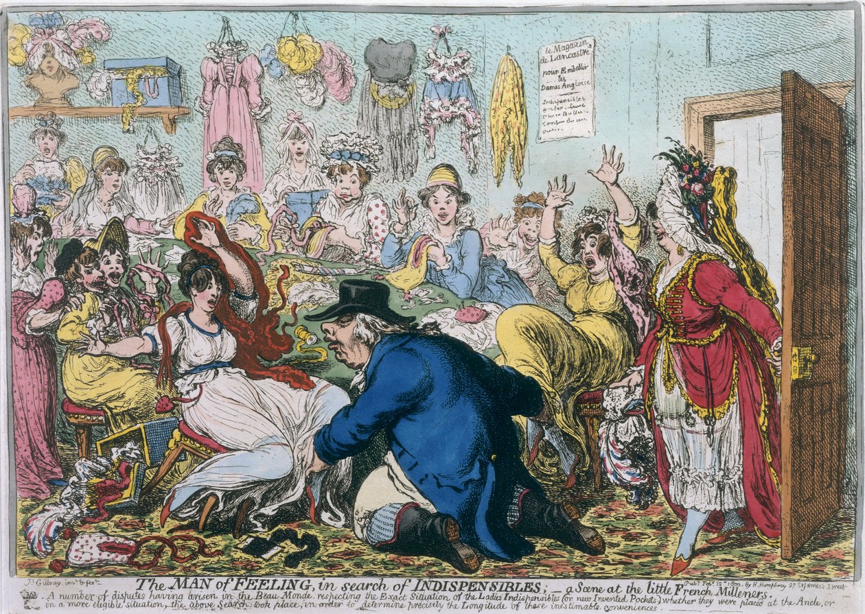 The Man of Feeling in Search of Indispensibles, or A Scene at the French Milliners, udgivet af Hannah Humphrey i 1800 (håndfarvet radering) af James Gillray