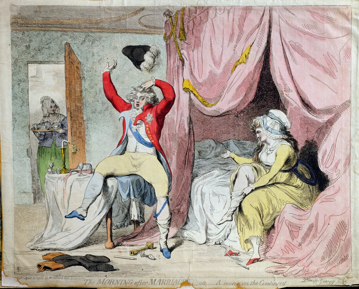 The Morning after Marriage, or A scene on the Continent, udgivet af W, Holland i 1788 (håndkoloreret radering) af James Gillray