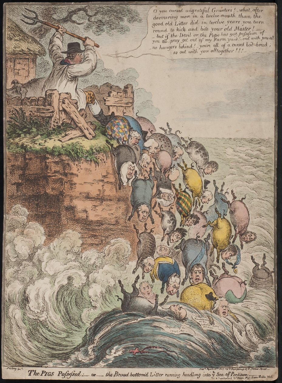 De besatte svin, eller den brede bund, der løber hovedkulds ud i fortabelsens hav, 1807 af James Gillray