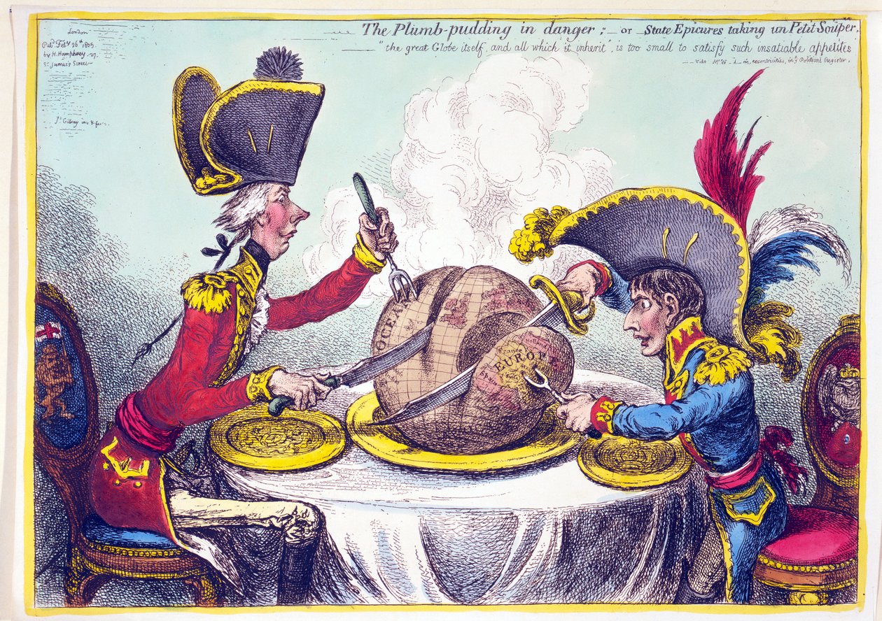 The Plum Pudding in Danger, eller statsepicurer, der tager en Petit Souper, pub. 26. februar 1805 (håndfarvet gravering) af James Gillray