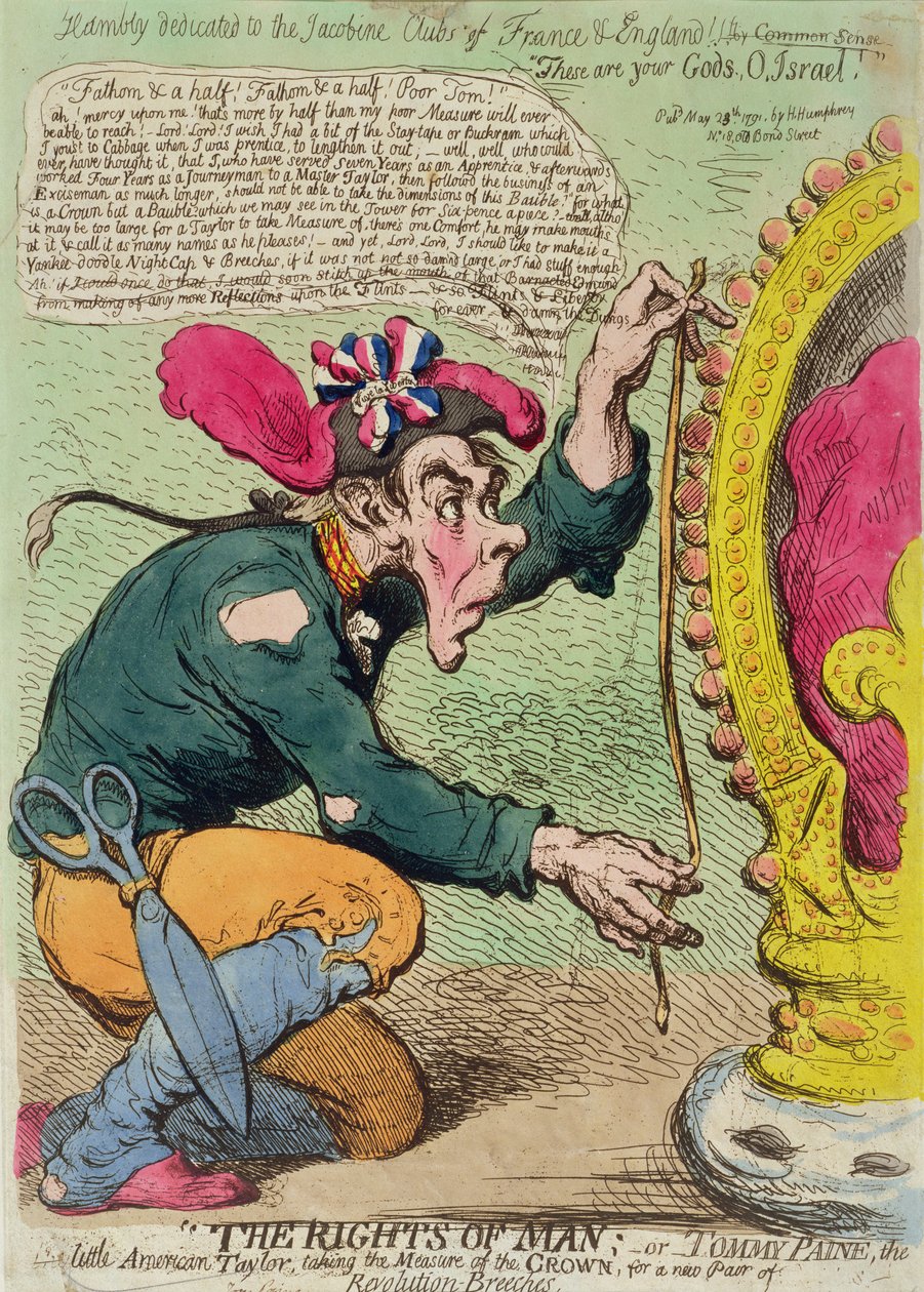 The Rights of Man, eller Tommy Paine, den lille amerikaner Taylor, der tager kronens mål for et nyt par revolutionsbukser, udgivet af Hannah Humphrey i 1791 (håndfarvet radering) af James Gillray
