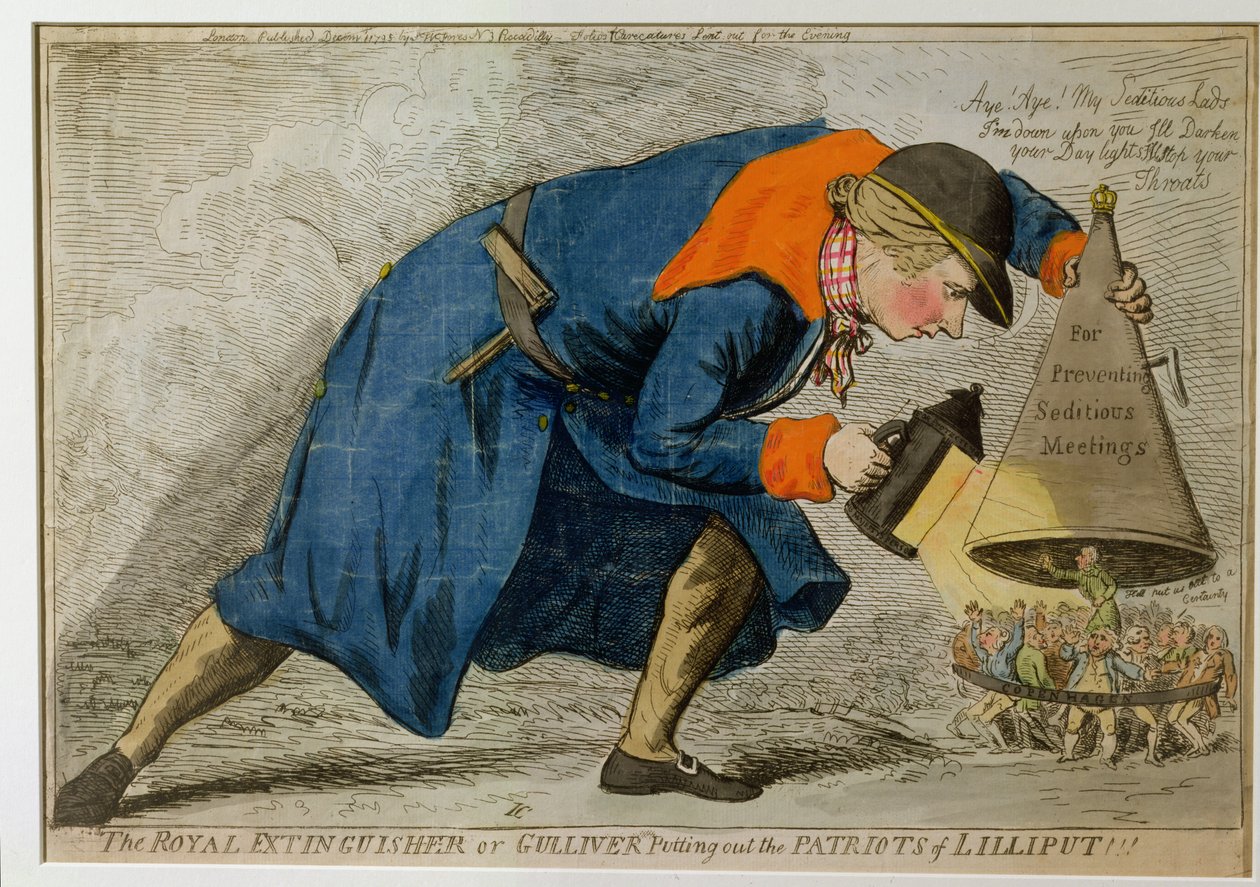 The Royal Extinguisher, eller Gulliver Putting Out the Patriots of Liliput, udgivet af S.W. Brande i 1795 (håndfarvet radering) af James Gillray
