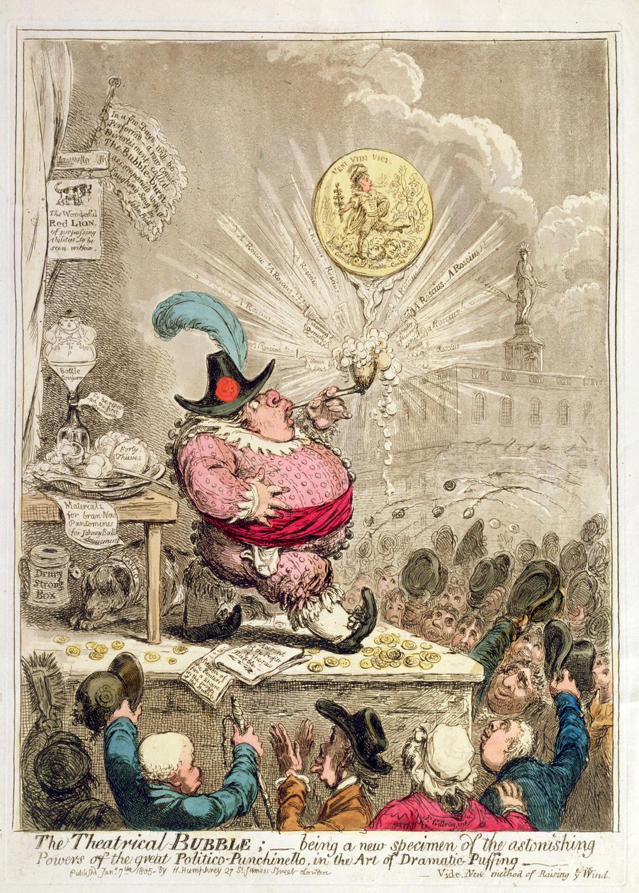 Theatrical Bubble: at være et nyt eksemplar af forbløffende kræfter i den store Politico-Punchinello, in the Art of Dramatic-Puffing, udgivet af Hannah Humphrey i 1805 (håndfarvet etsning und aquat af James Gillray