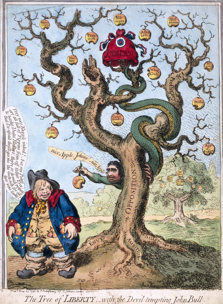 The Tree of Liberty with the Devil Tempting John Bull, udgivet af Hannah Humphrey, 1798 af James Gillray