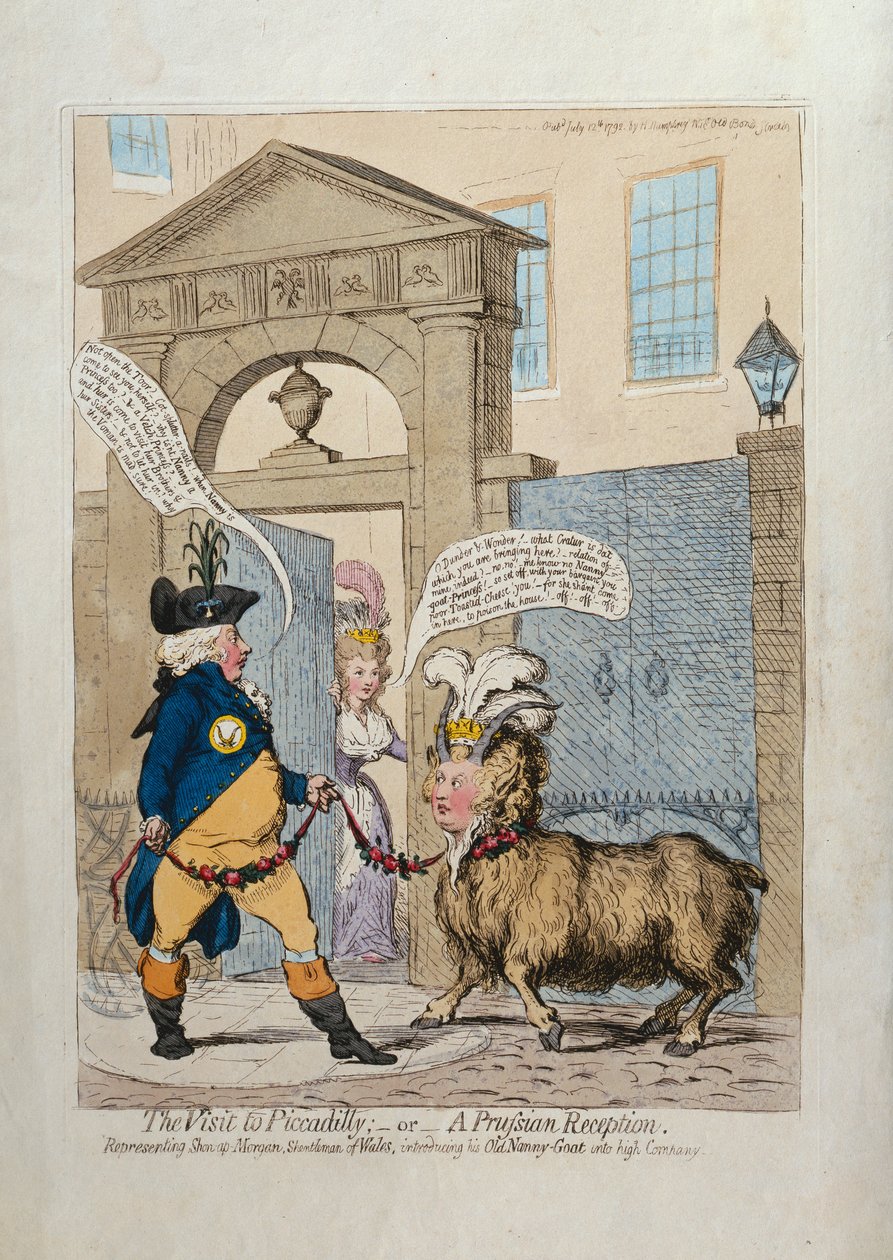 Besøget på Piccadilly, eller en preussisk reception, udgivet af Hannah Humphrey i 1793 (håndfarvet radering) af James Gillray