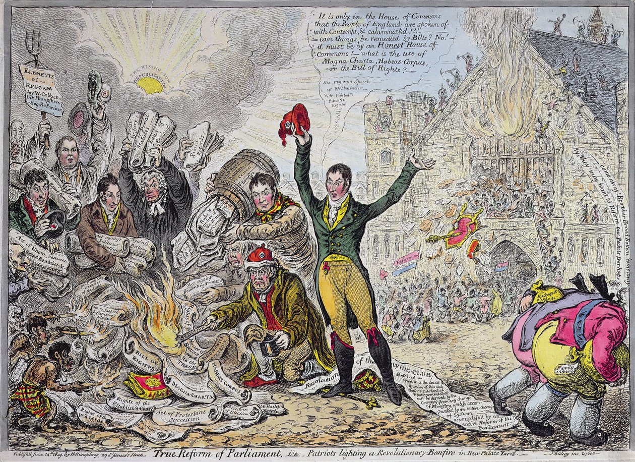 Ægte reform af parlamentet, dvs. patrioter, der tænder et revolutionært bål i New Palace Yard, udgivet af Hannah Humphrey i 1809 (håndfarvet radering) af James Gillray