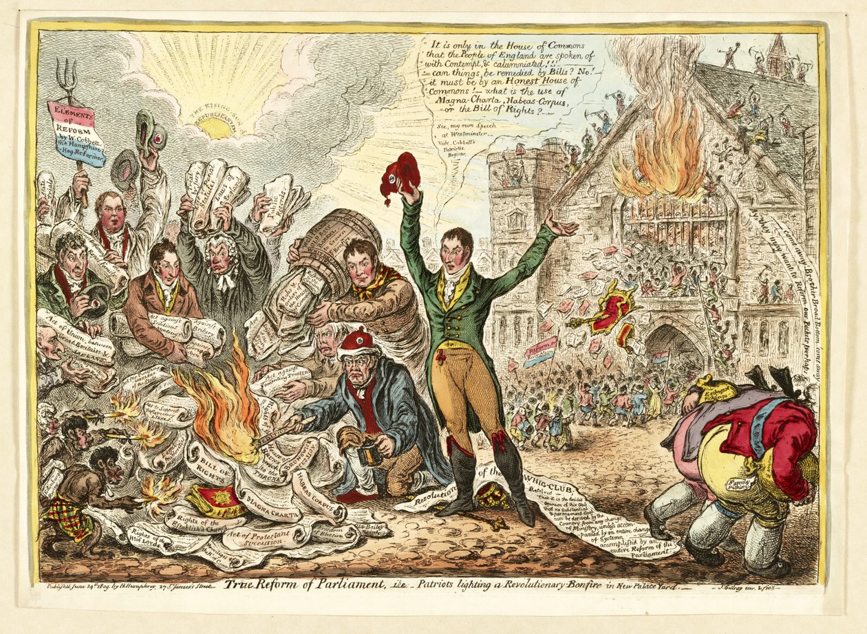True Reform of Parliament, dvs. Patriots tænder et revolutionært bål i New Palace Yard, pub. Hannah Humphrey, 1809 (håndfarvet gravering) af James Gillray