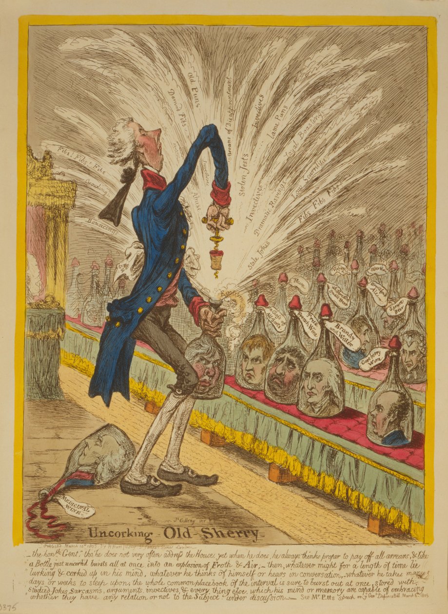 Uncorking Old Sherry, 1805 (håndfarvet radering) af James Gillray