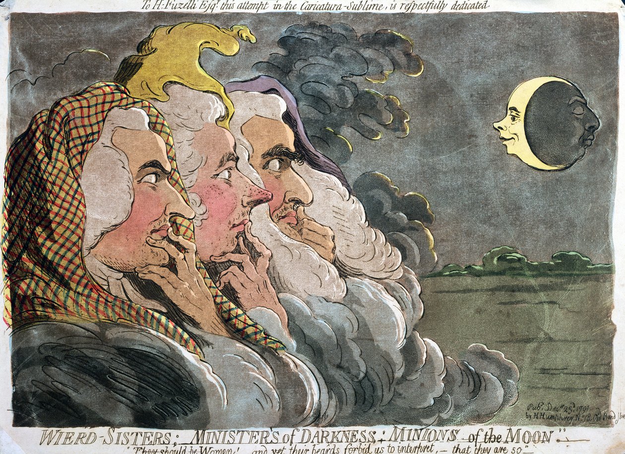Underlige søstre; Mørkets ministre; Minions of the Moon, udgivet af Hannah Humphrey, 1791 (ætsning med akvatint) af James Gillray