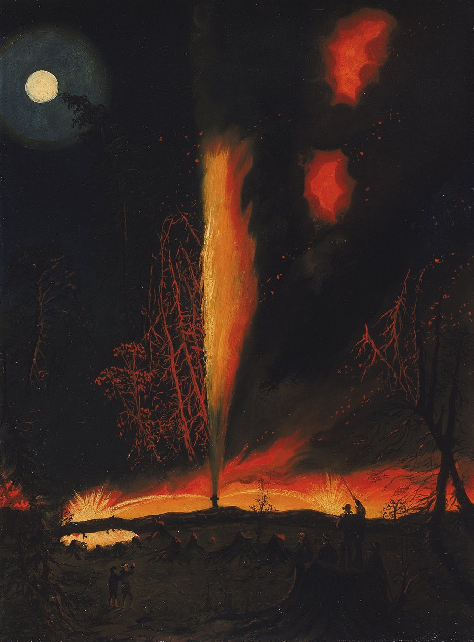 Brændende oliebrønd om natten, nær Rouseville, Pennsylvania af James Hamilton