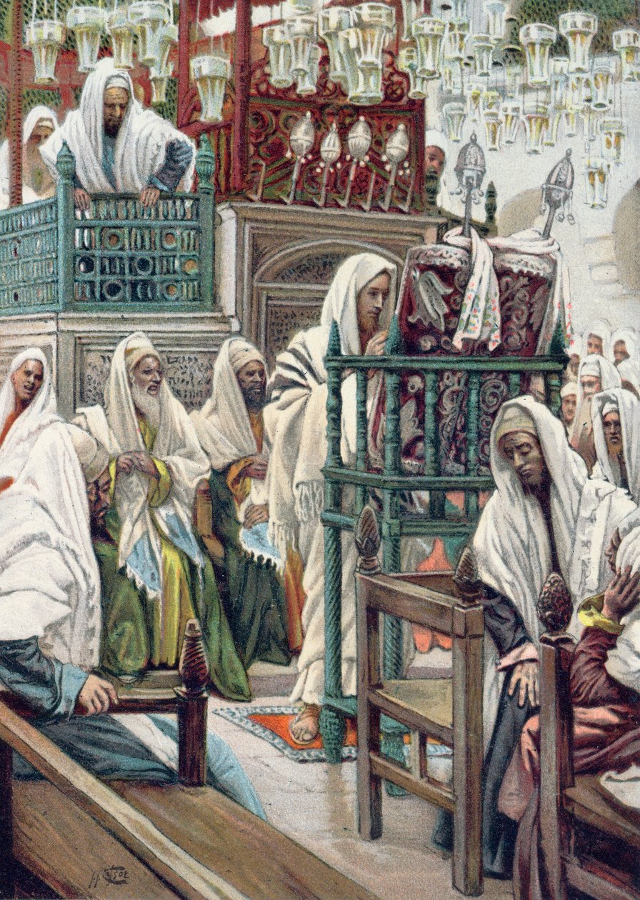 Jesus ruller bogen ud i synagogen, illustration til 'La Vie de notre ...
