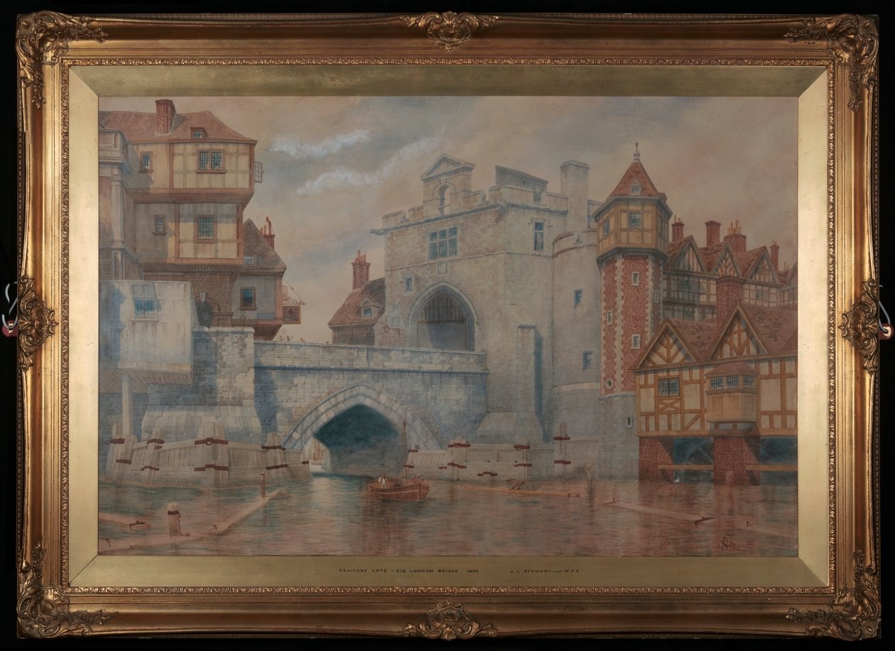 Traitors Gate - Old London bridge i 1650 (wc) af James Stewart