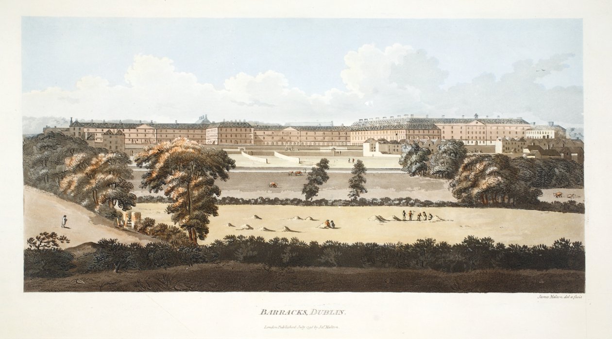 Kaserne, Dublin (håndfarvet gravering) af James Malton