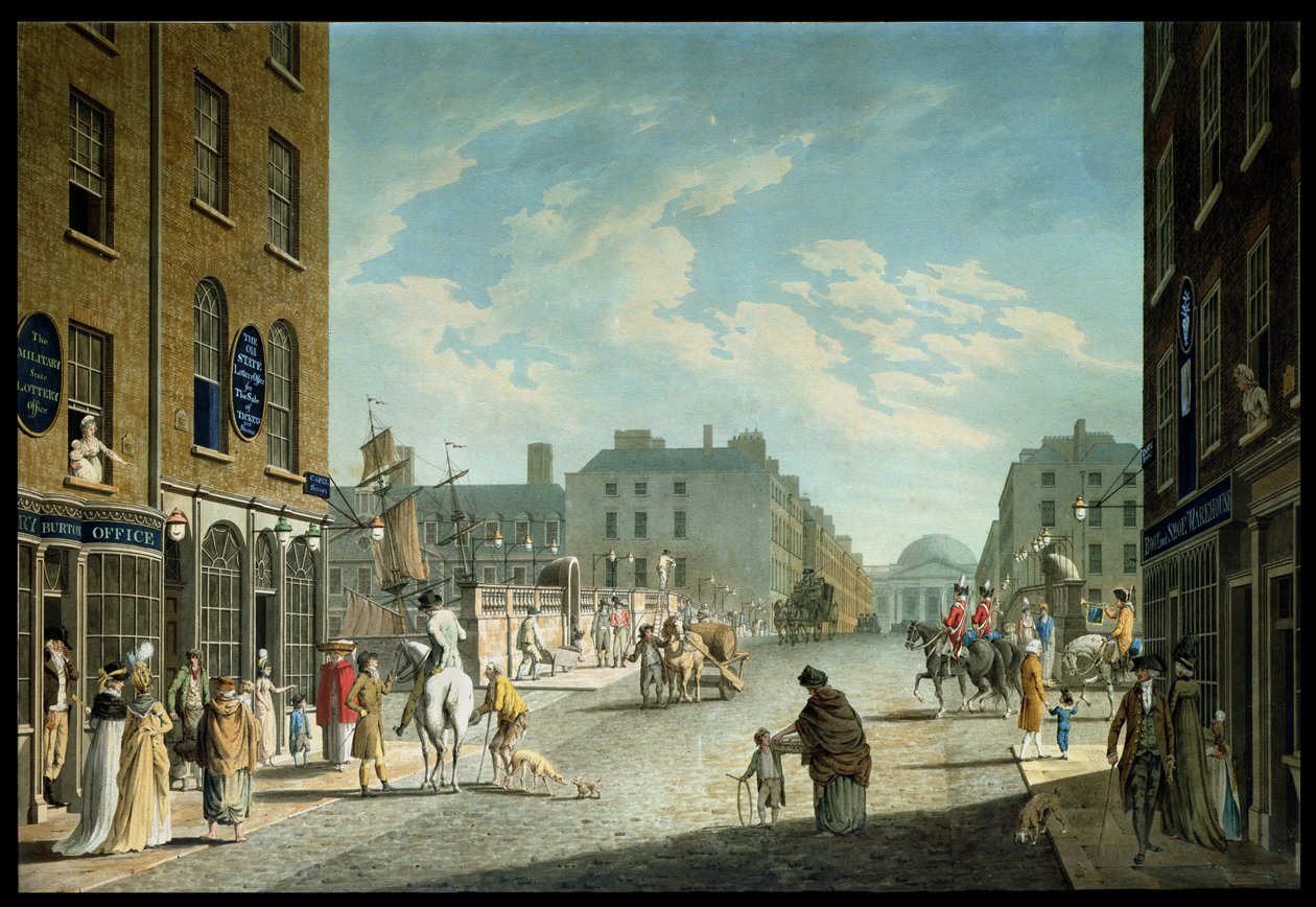 Capel Street med Royal Exchange, Dublin, 1800 af James Malton