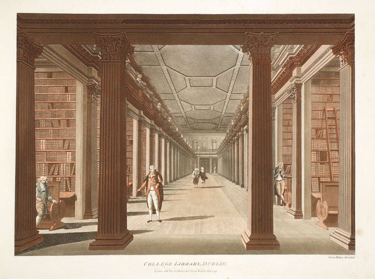 College Library, Dublin, 1793 (håndfarvet gravering) af James Malton