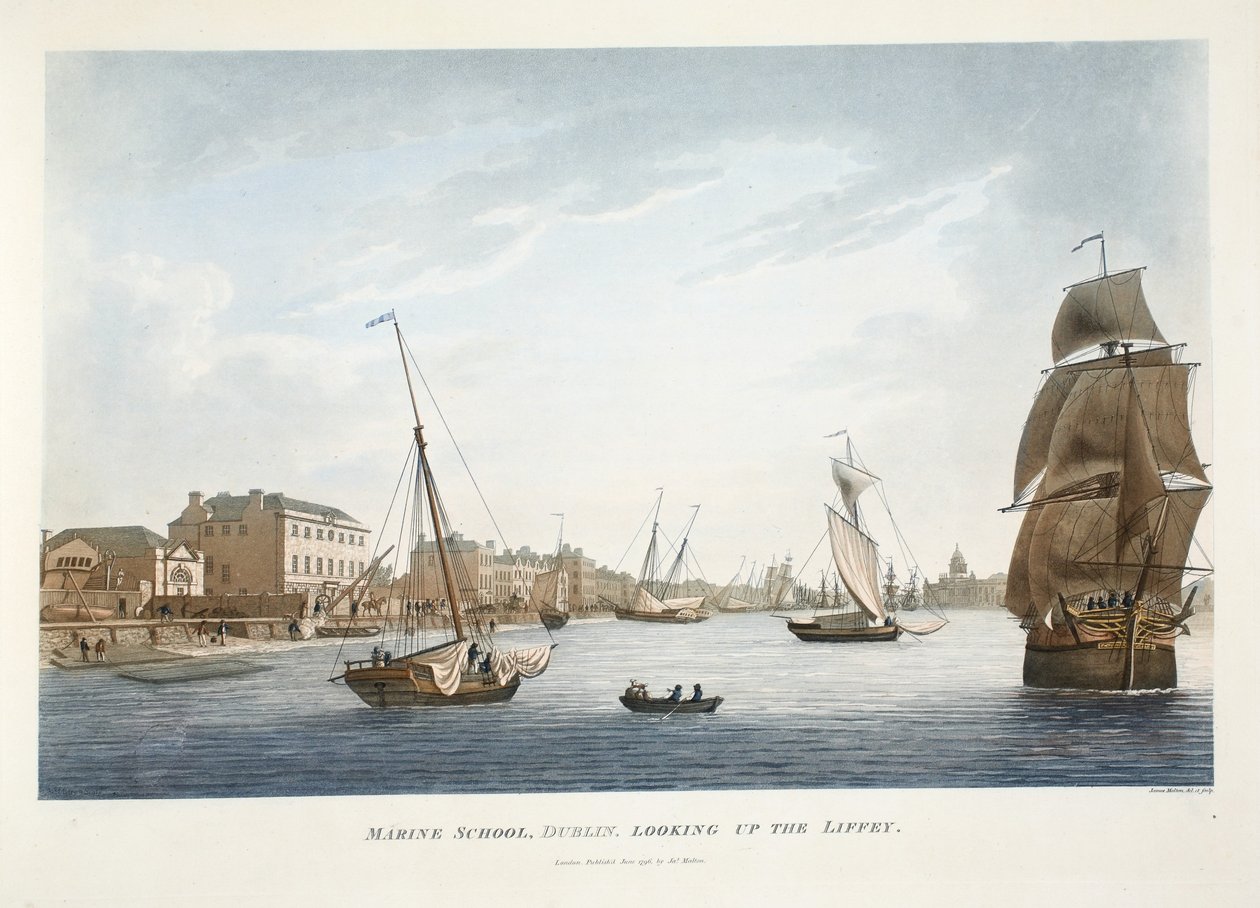 Marine School, Dublin, ser op på Liffey, 1796 (håndfarvet gravering) af James Malton