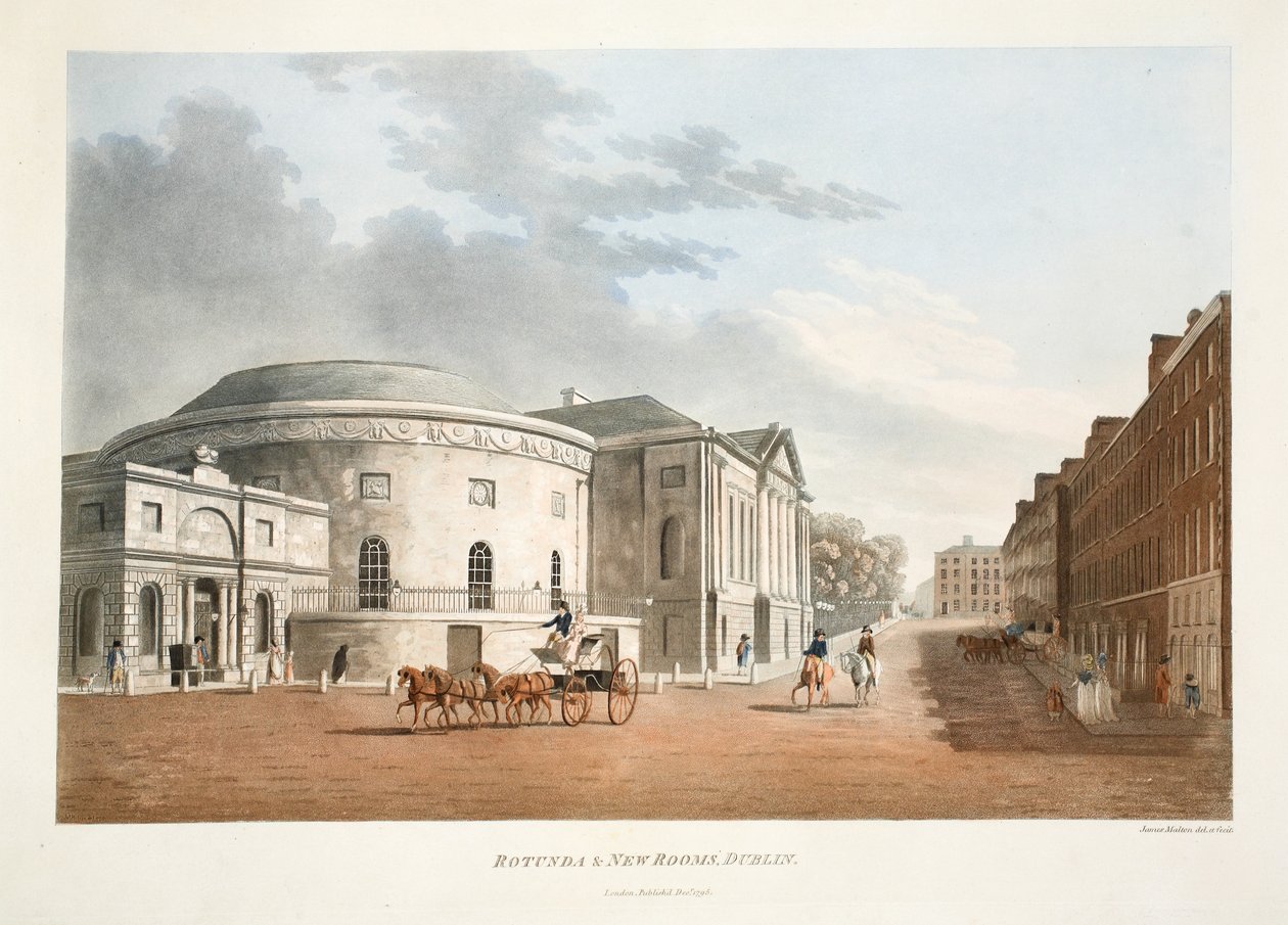 Rotunda und New Rooms, Dublin, 1795 (håndfarvet gravering) af James Malton