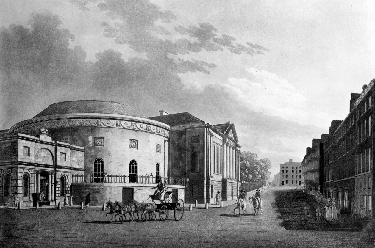 Rotunda und New Rooms, Dublin, 1795 (håndfarvet gravering) af James Malton