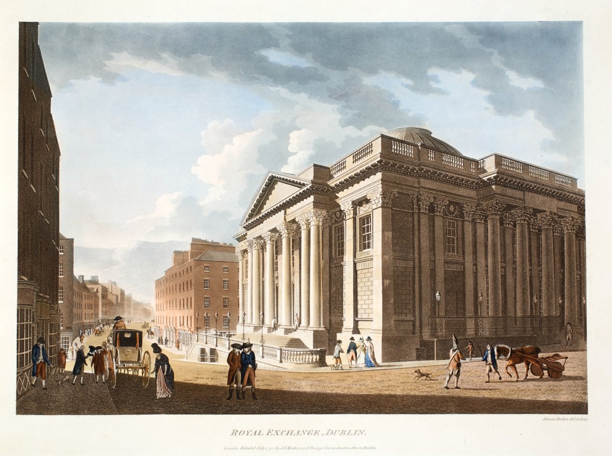 The Royal Exchange, Dublin, 1792 (håndkoloreret stik) af James Malton