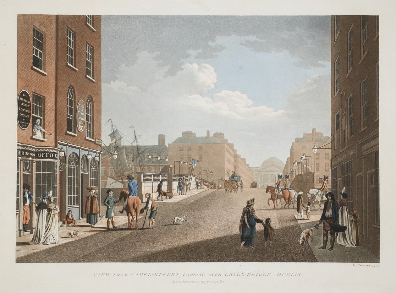 Udsigt fra Capel-Street, med udsigt over Essex-Bridge, Dublin, 1797 (håndkoloreret gravering) af James Malton