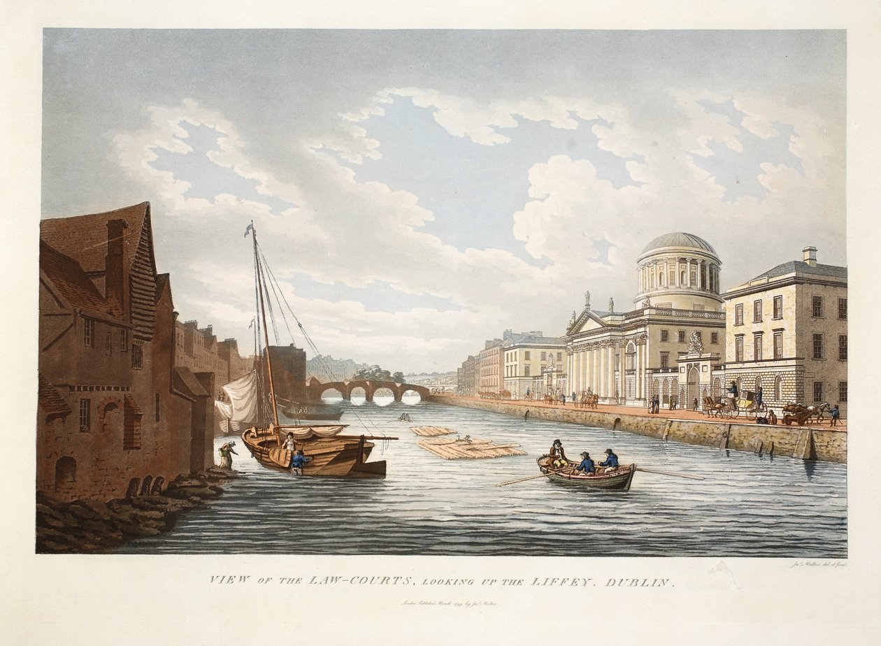 Udsigt over retsbygningen, set op ad Liffey, Dublin, 1799 (håndkoloreret stik) af James Malton