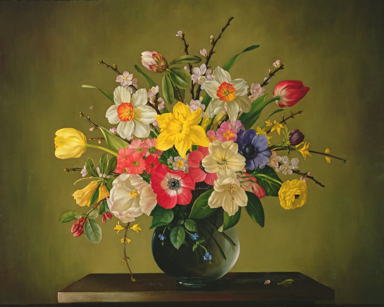 Narcisser, anemoner, tulipaner, Forsythia, Rhododendron og æbleblomster i en glasvase af James Noble