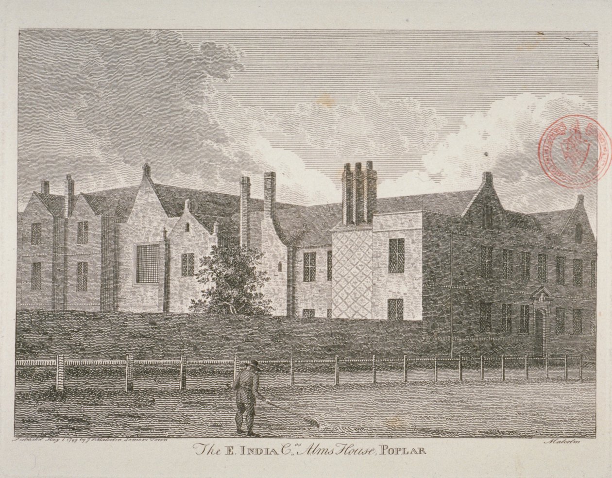 Udsigt over det østindiske kompagnis almhuse i Poplar, 1799 af James Peller Malcolm
